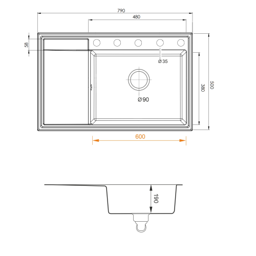 rysunek techniczny Ala zlewozmywak 1 komorowy z ociekaczem